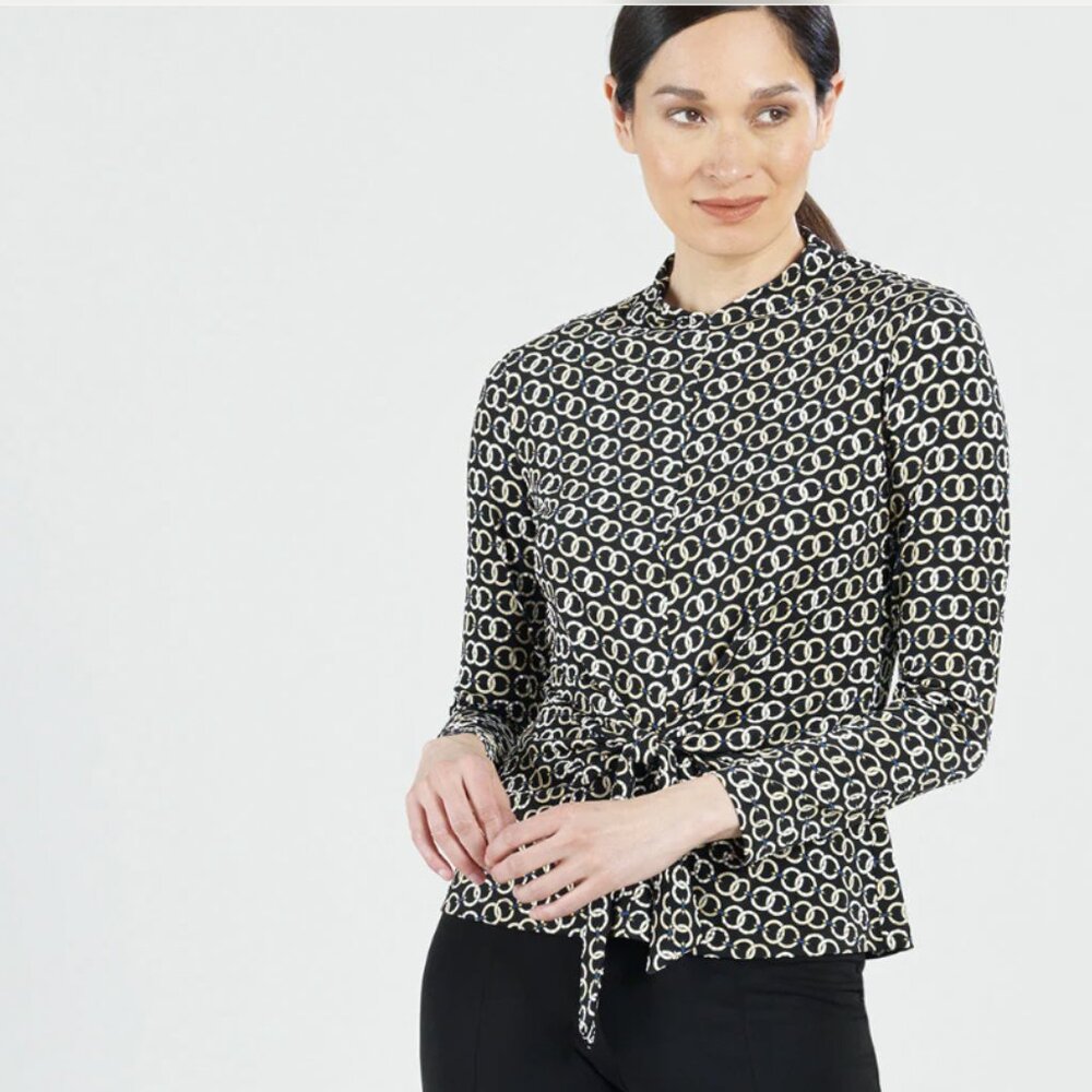 Clara Sun Woo size XL Black Tan‎ Chain Tie Front High Neck Stretch Knit Blouse